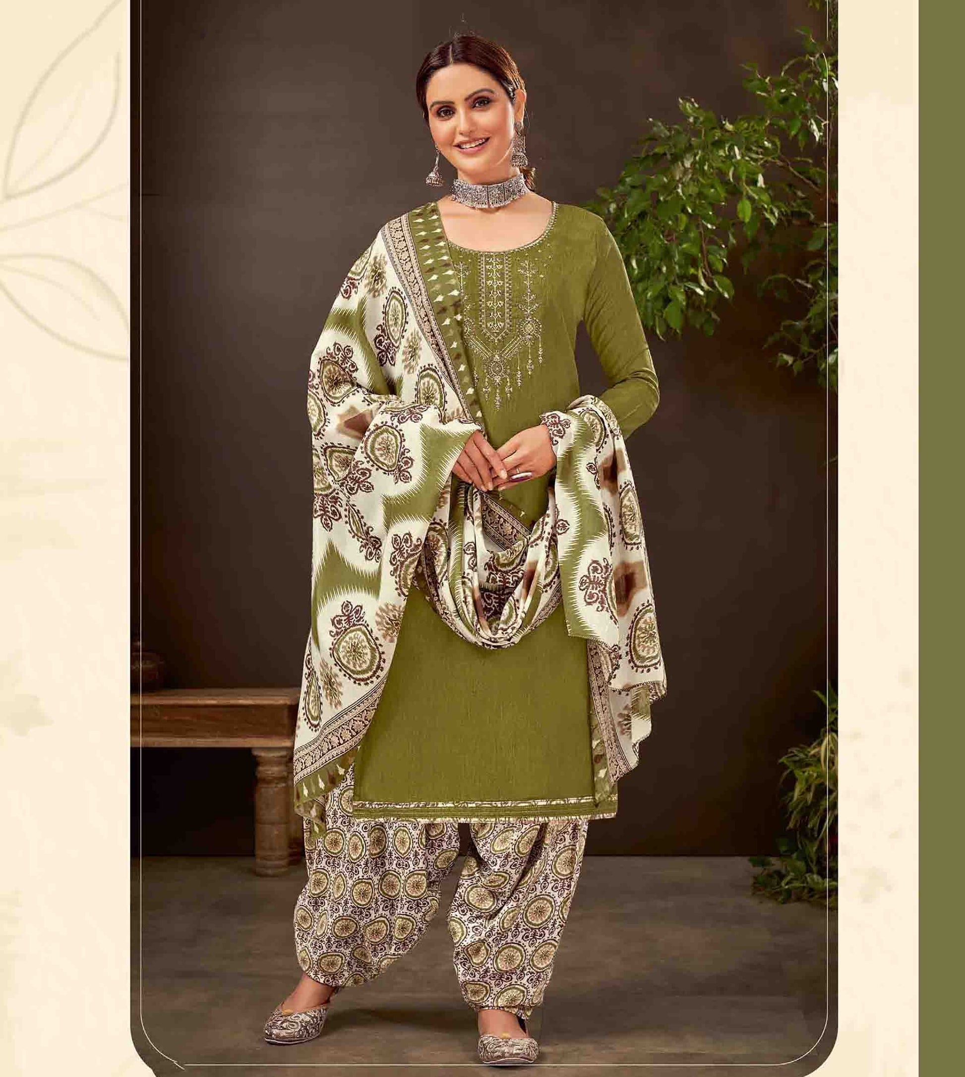 Unstitched Pure Cotton Women Green Punjabi Suit Dress Material - Stilento