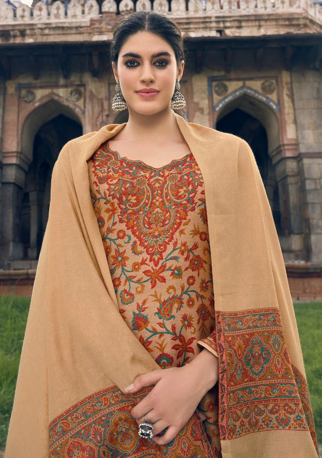 Pure Handloom Weaving Pashmina Light Brown Winter Suits Set - Stilento