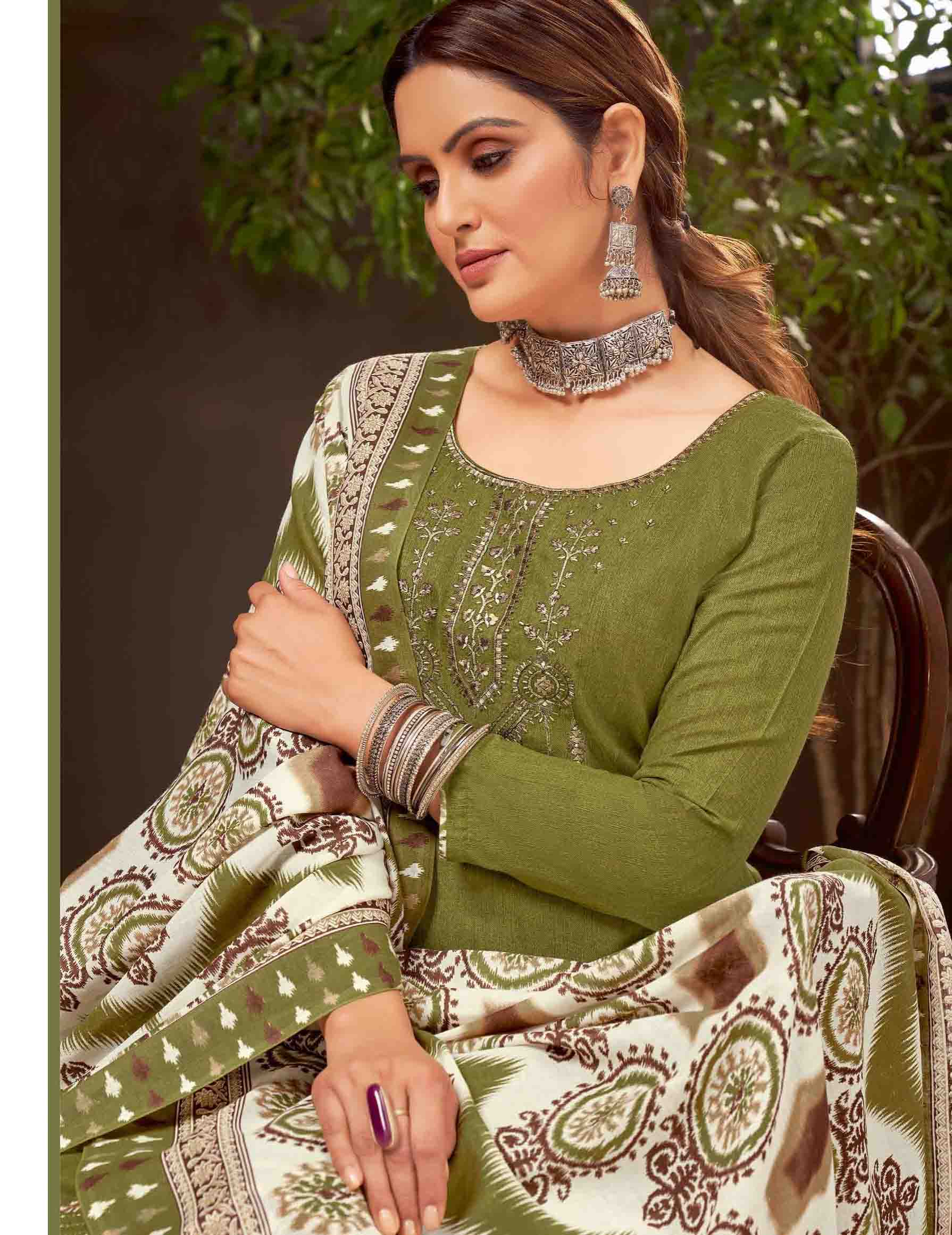 Unstitched Pure Cotton Women Green Punjabi Suit Dress Material - Stilento