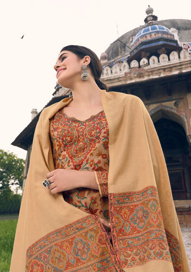 Pure Handloom Weaving Pashmina Light Brown Winter Suits Set - Stilento