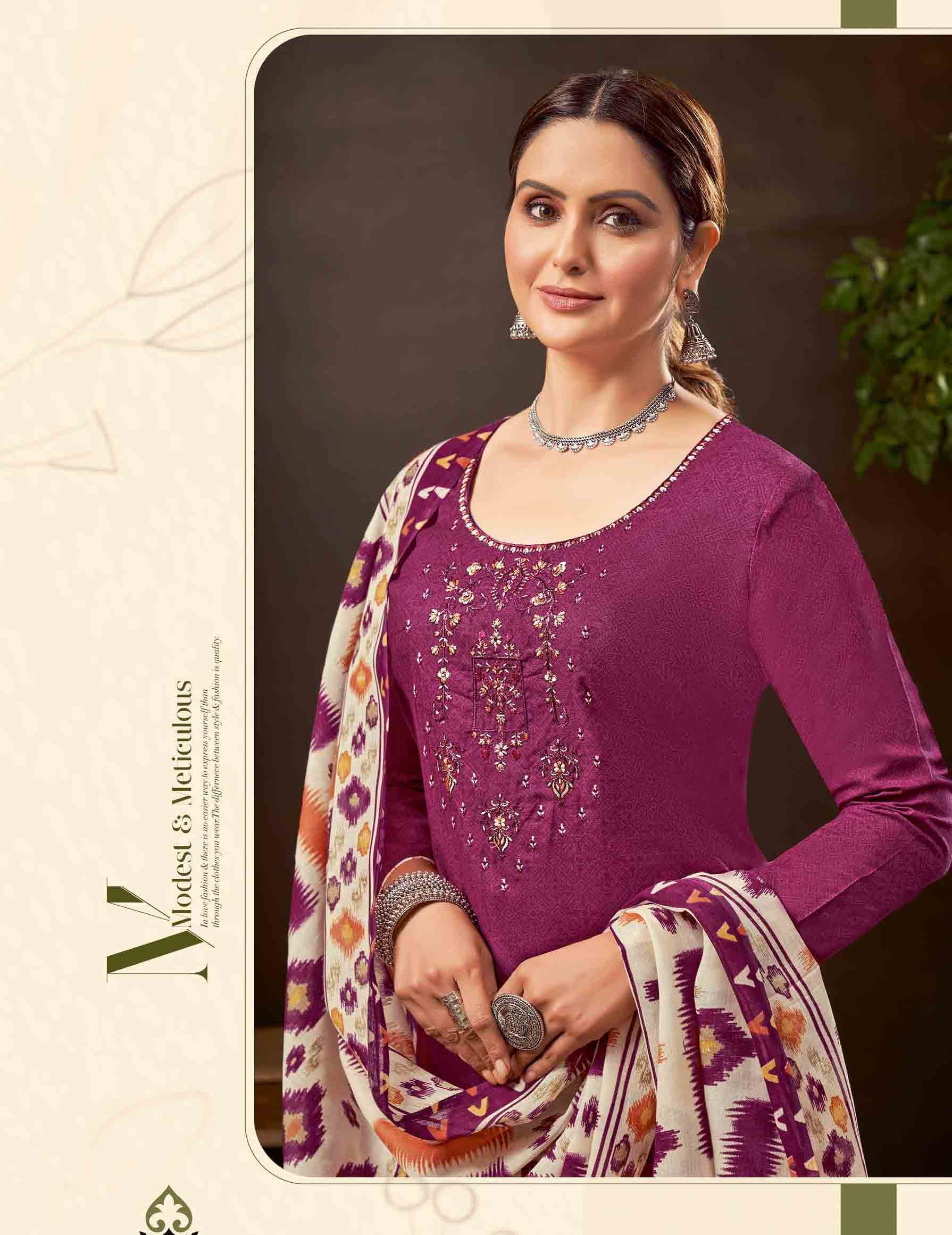 Unstitched Pure Cotton Women Purple Punjabi Suit Dress Material - Stilento