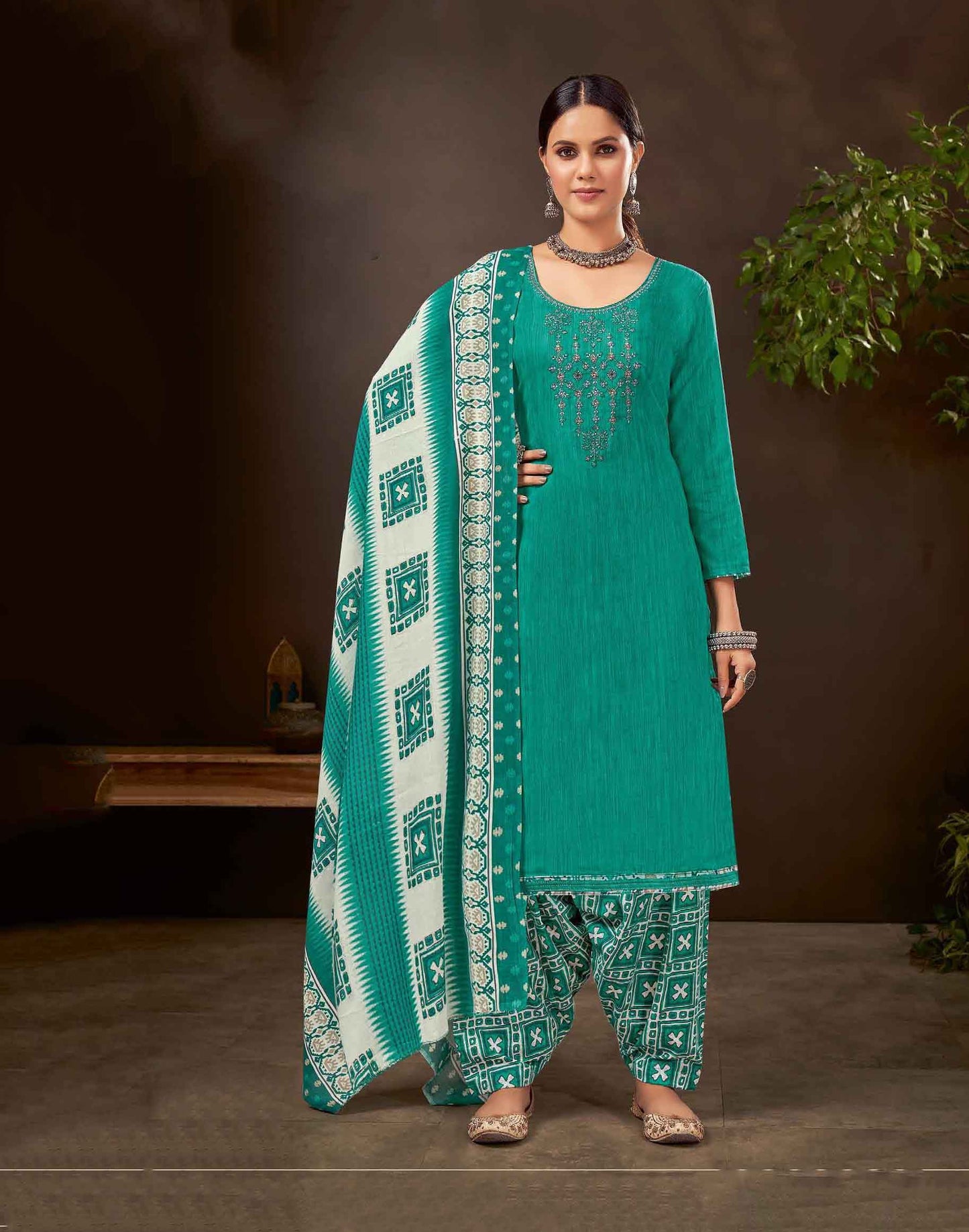 Unstitched Pure Cotton Women Teal Green Punjabi Suit Dress Material - Stilento