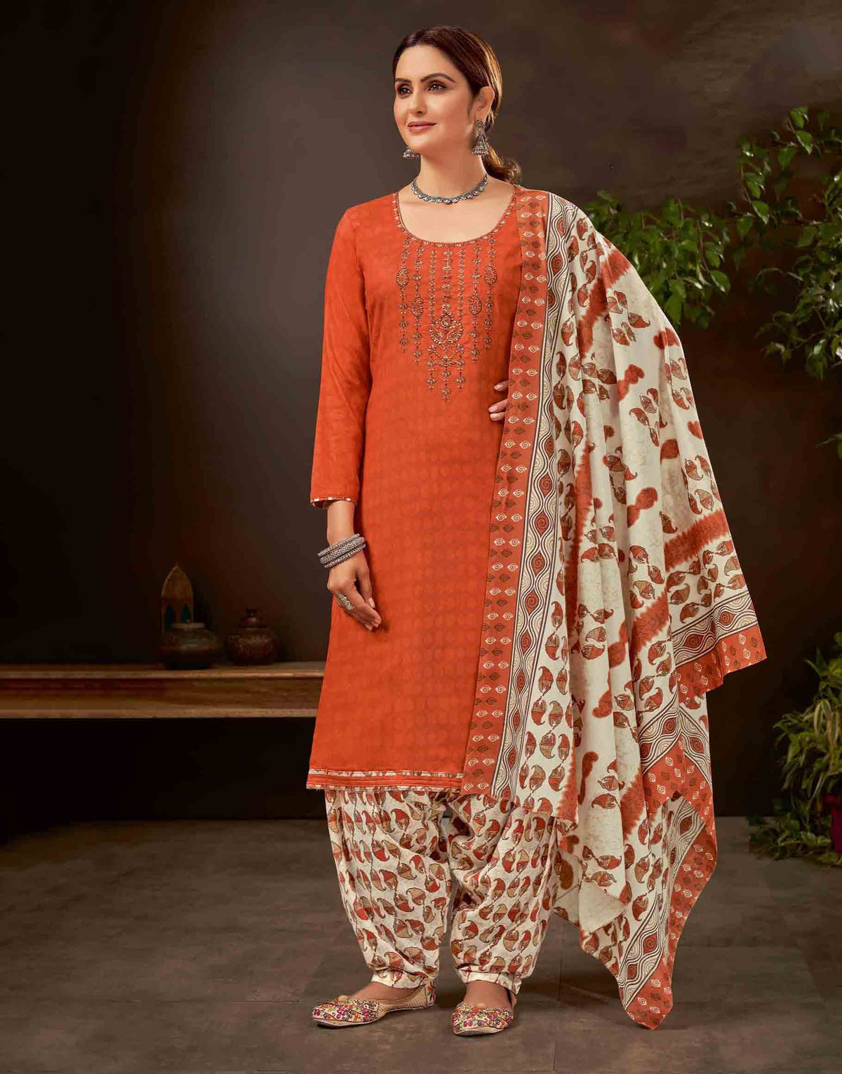 Unstitched Pure Cotton Women Orange Punjabi Suit Dress Material
