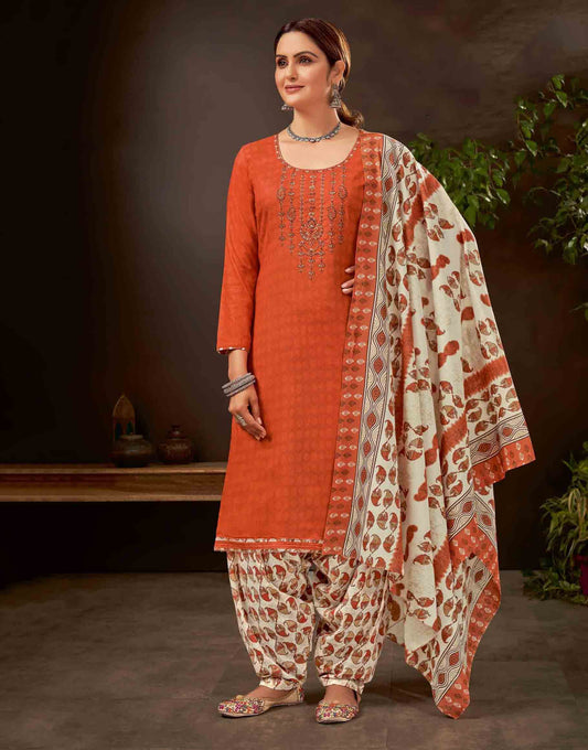 Unstitched Pure Cotton Women Orange Punjabi Suit Dress Material