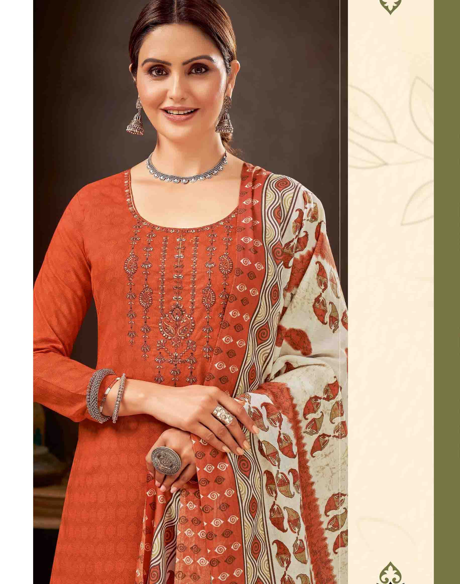 Unstitched Pure Cotton Women Orange Punjabi Suit Dress Material - Stilento