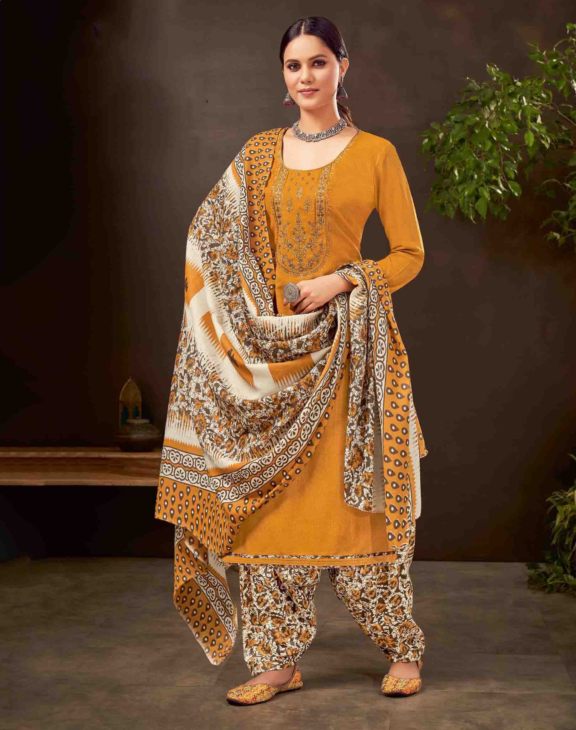 Unstitched Cotton Women Yellow Suit Dress Material with Embroidery - Stilento