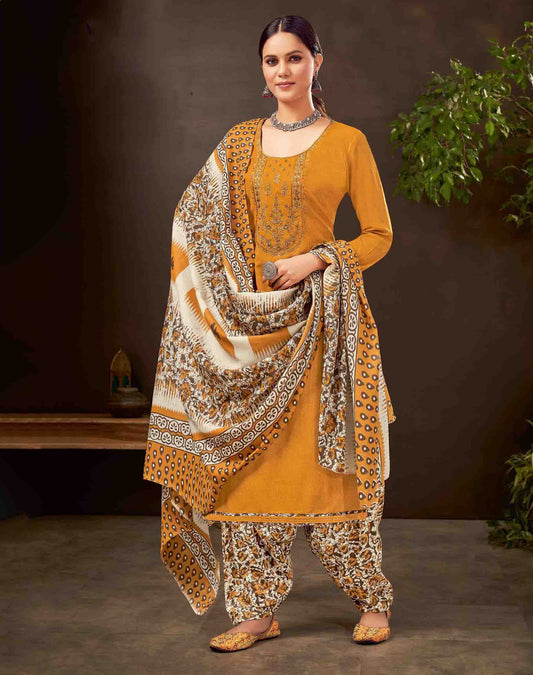 Unstitched Cotton Women Yellow Suit Dress Material with Embroidery