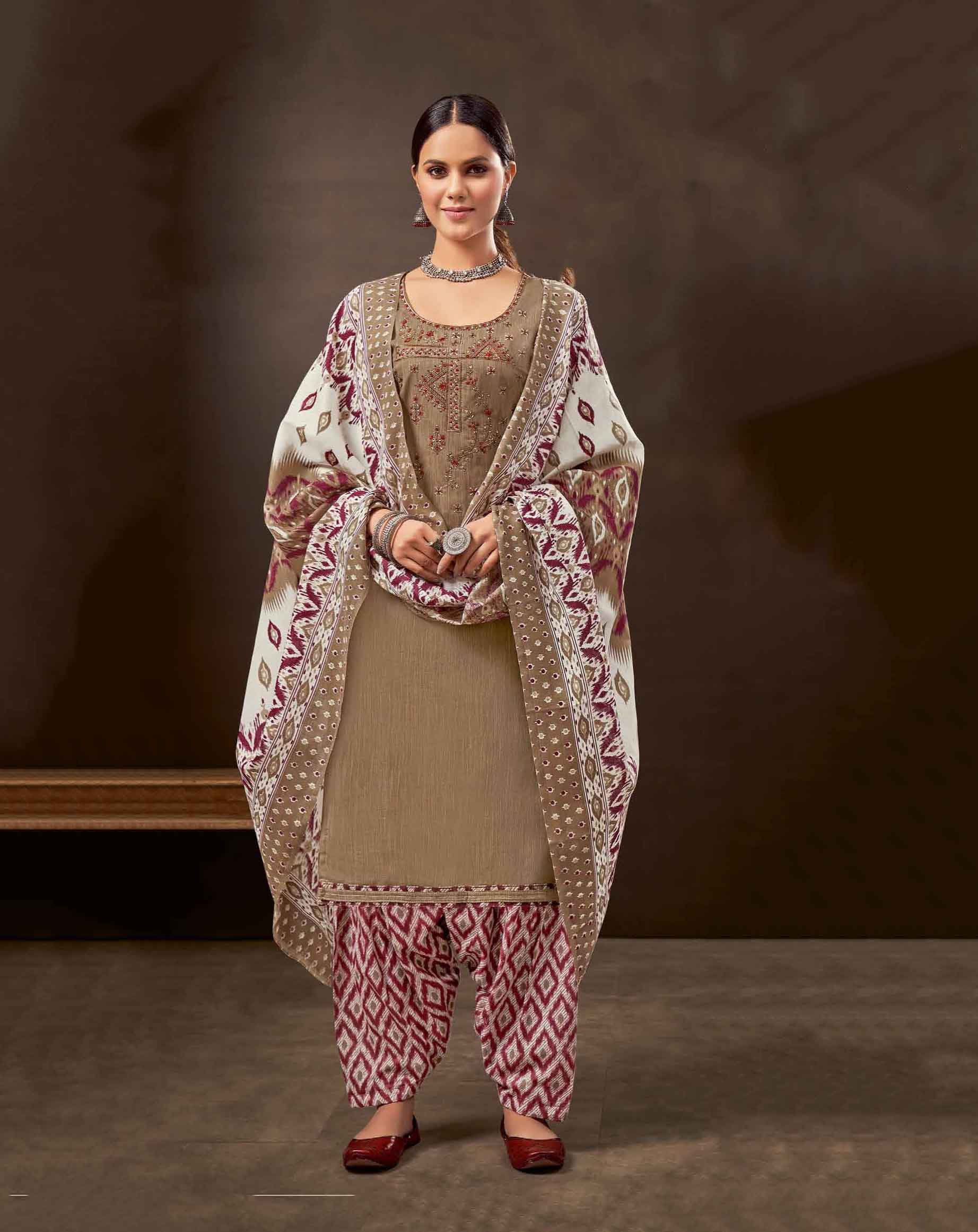 Unstitched Pure Cotton Women Brown Punjabi Suit Dress Material - Stilento