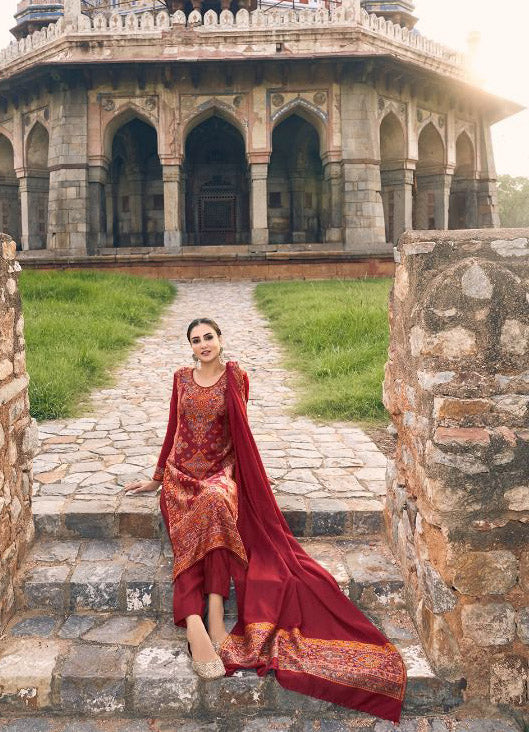 Pure Handloom Weaving Pashmina Red Winter Suits Set - Stilento