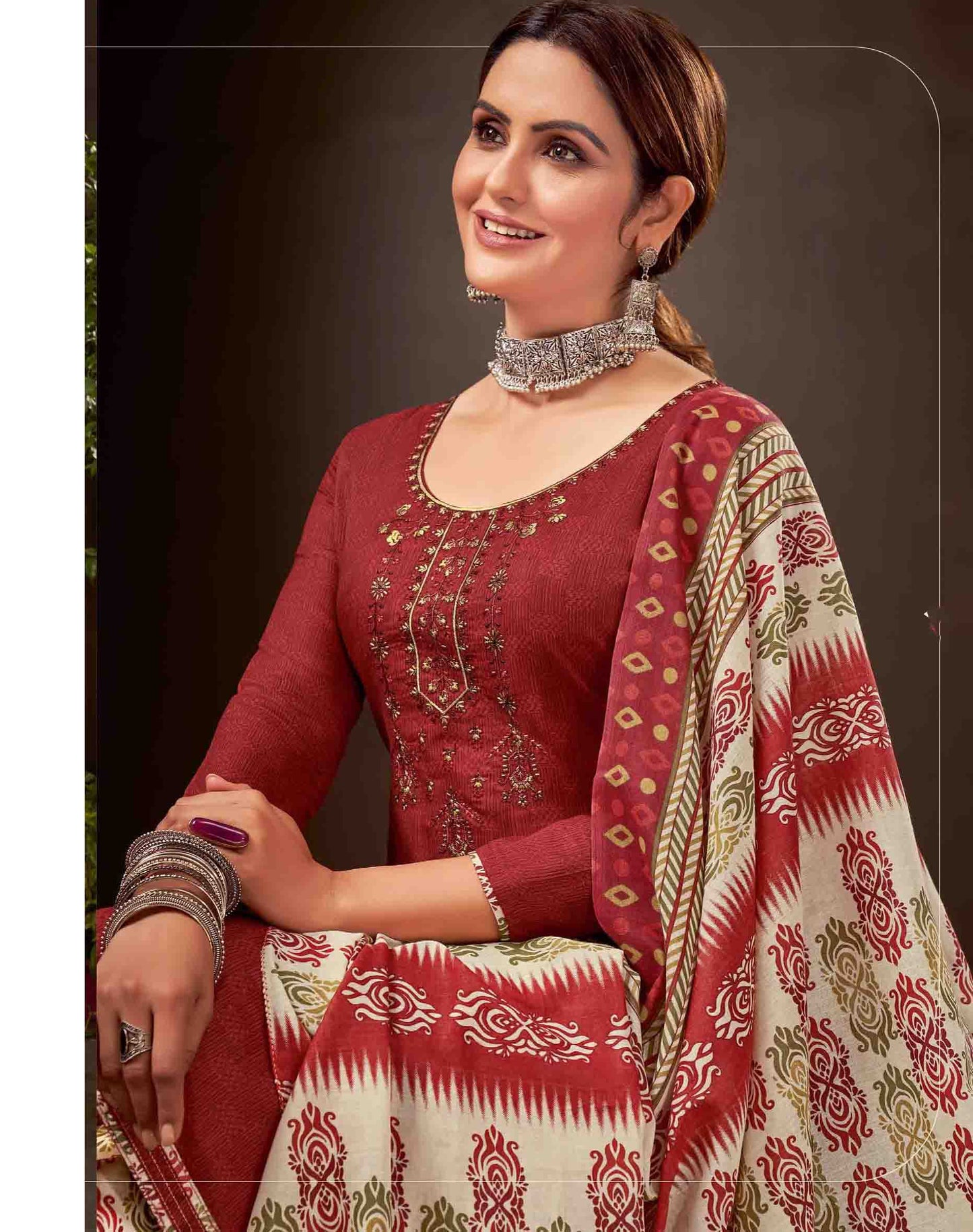 Unstitched Pure Cotton Women Red Punjabi Suit Dress Material - Stilento