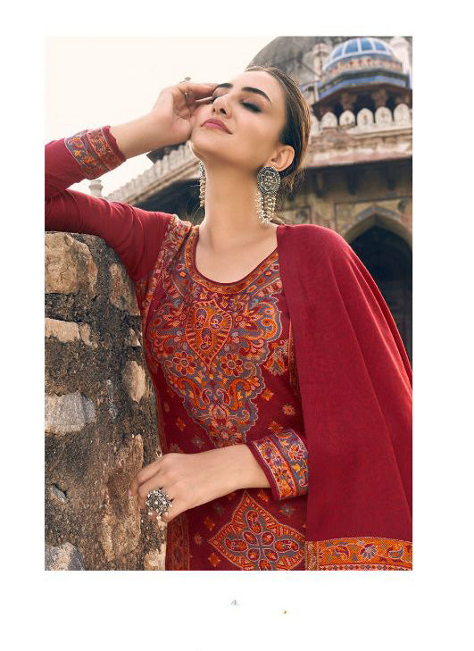 Pure Handloom Weaving Pashmina Red Winter Suits Set - Stilento
