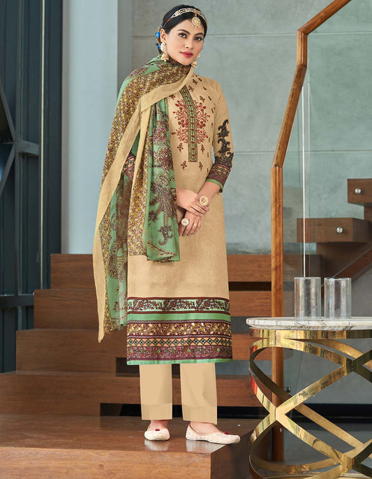 Unstitched Cotton Women Beige Suit Material with Embroidery