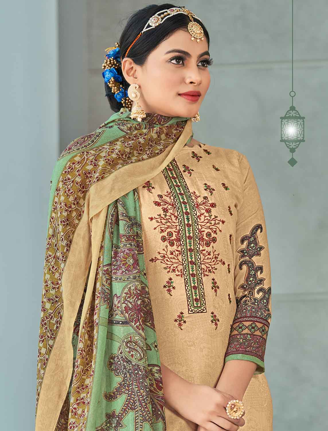 Unstitched Cotton Women Beige Suit Material with Embroidery