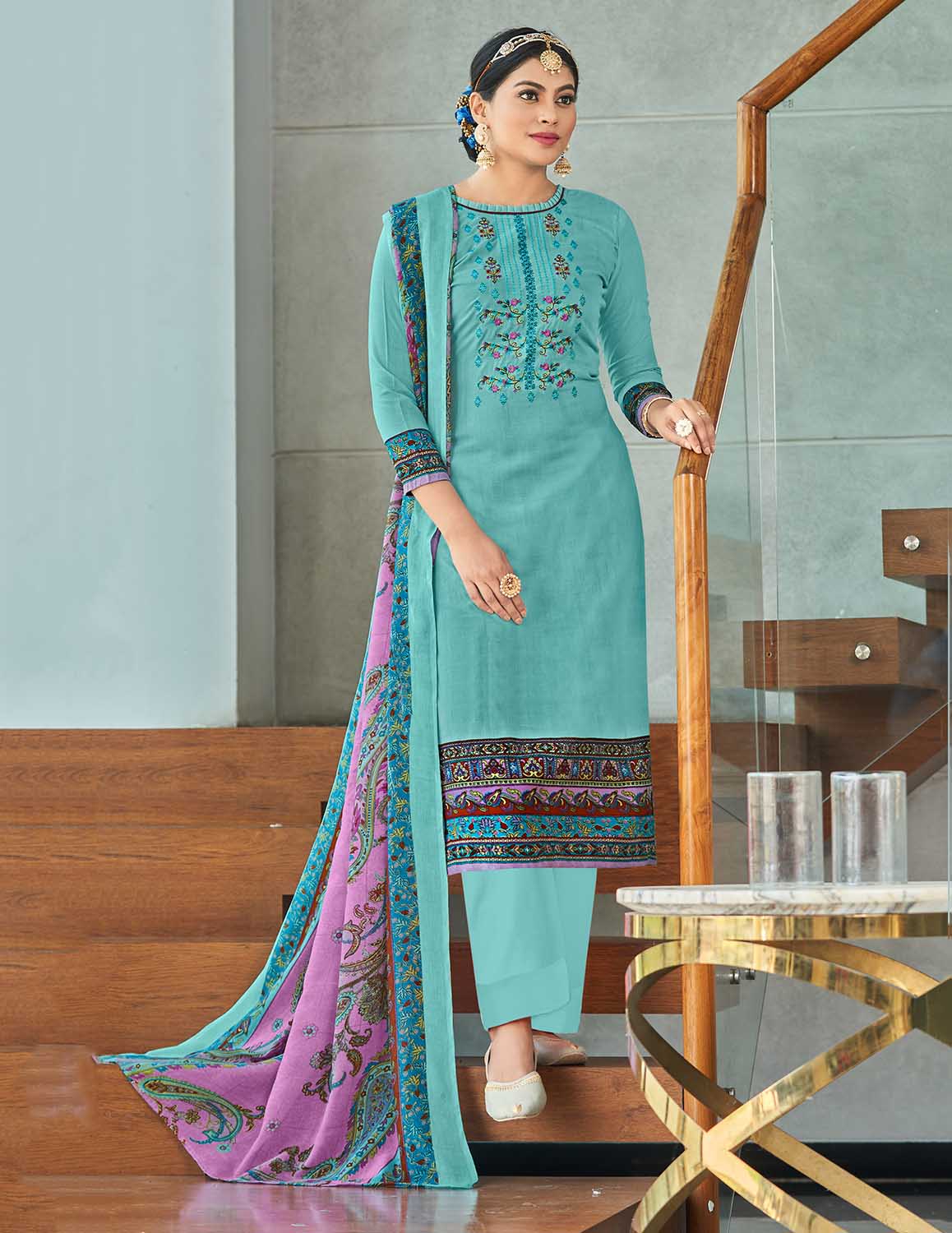 Unstitched Cotton Women Aqua Blue Suit Material with Embroidery