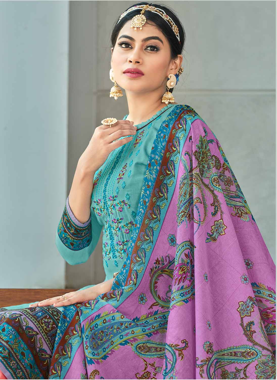 Unstitched Cotton Women Aqua Blue Suit Material with Embroidery