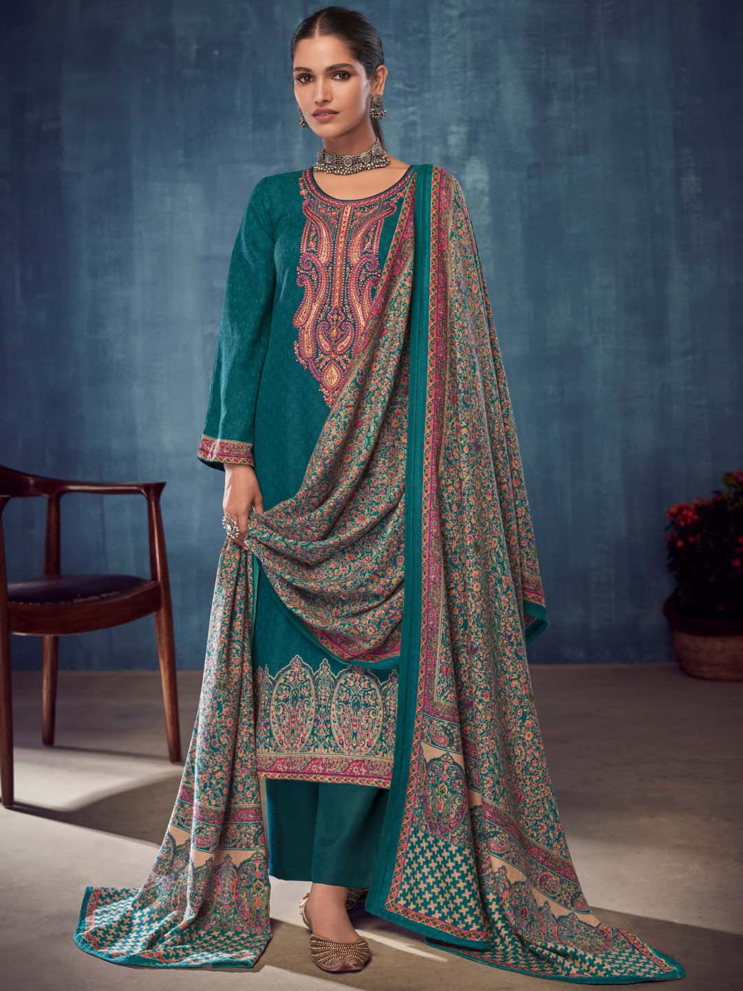 Teal Pashmina Twill Embroidered Unstitched Winter Suits - Stilento
