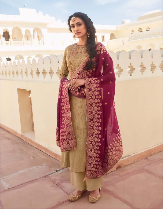 Unstitched Beige Cotton Salwar Suits Set With Banarasi Dupatta