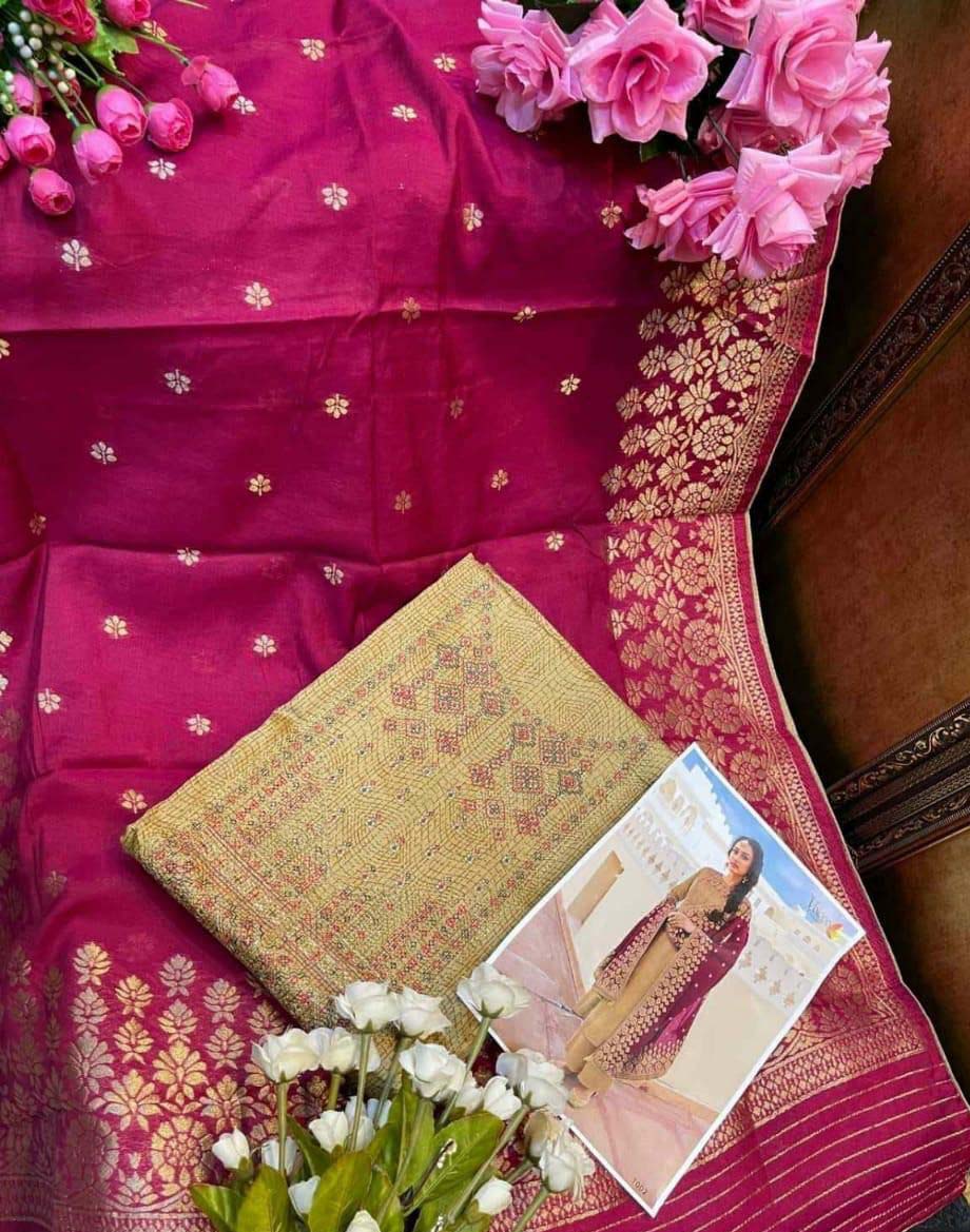 Unstitched Beige Cotton Salwar Suits Set With Banarasi Dupatta - Stilento