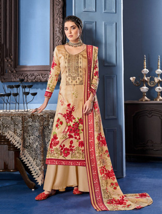 Unstitched Beige Salwar Suit Dress Material With Cotton dupatta - Stilento