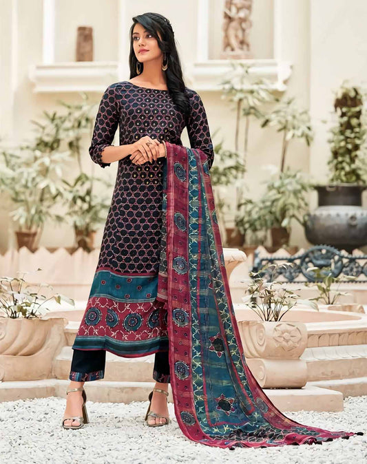 Unstitched Black Muslin Silk Salwar Kameez Suit Set With Chanderi dupatta
