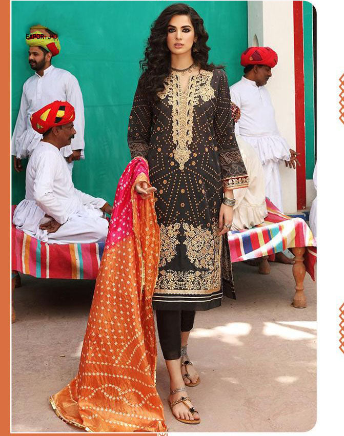 Unstitched Black Pakistani Style Lawn Cotton Dress Material