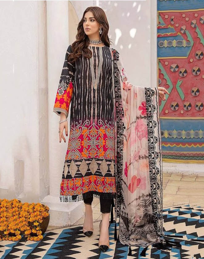 Unstitched Black Pakistani Style Lawn Cotton Dress Material - Stilento
