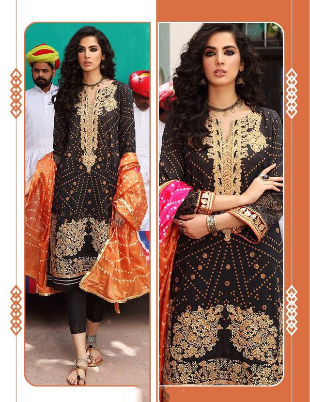 Unstitched Black Pakistani Style Lawn Cotton Dress Material - Stilento