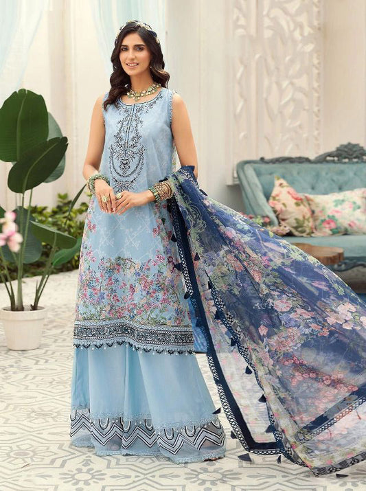 Unstitched Blue Cotton Pakistani Style Suits Dress Material