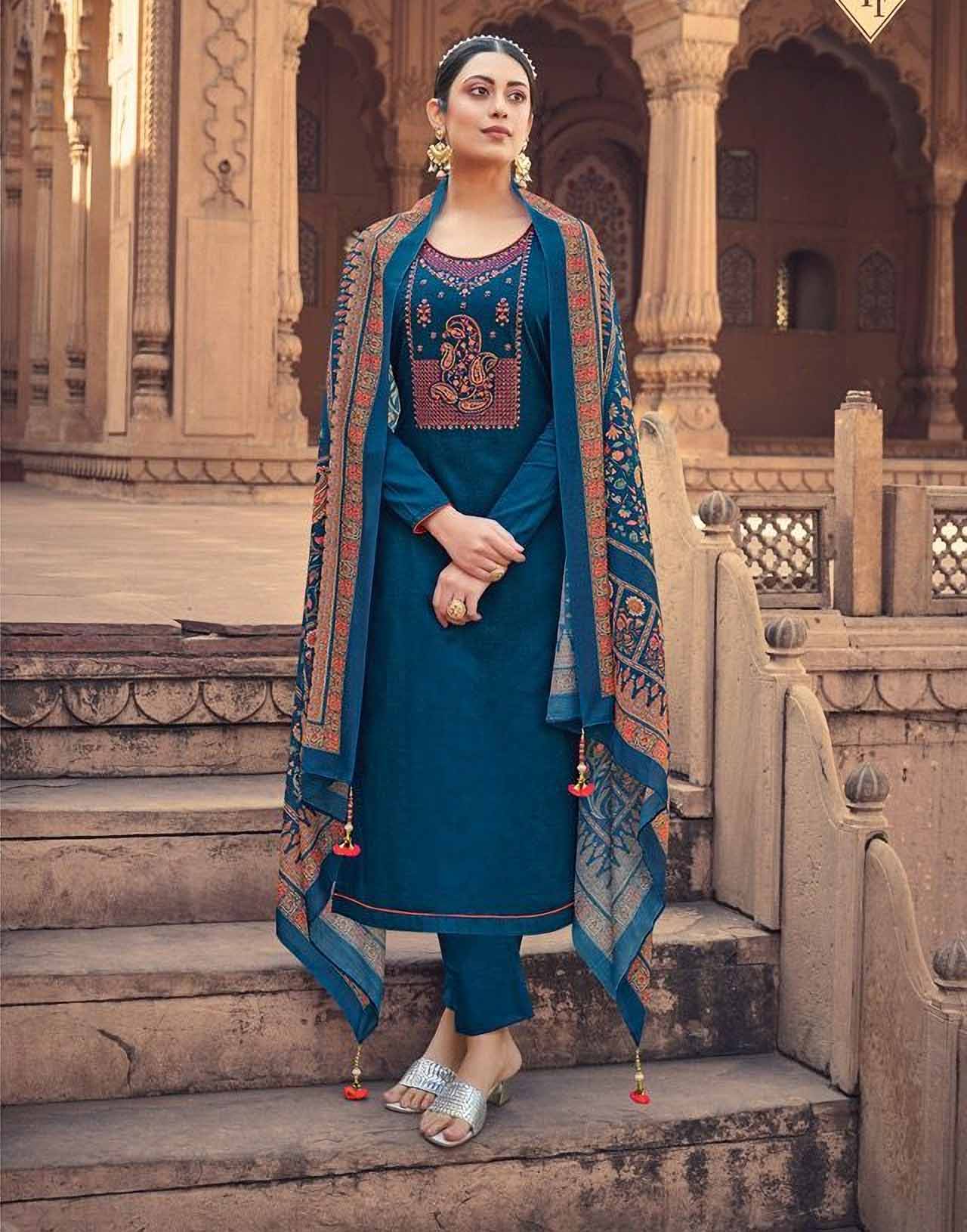 Unstitched Blue Jam Satin Printed Dress Material With Embroidery - Stilento