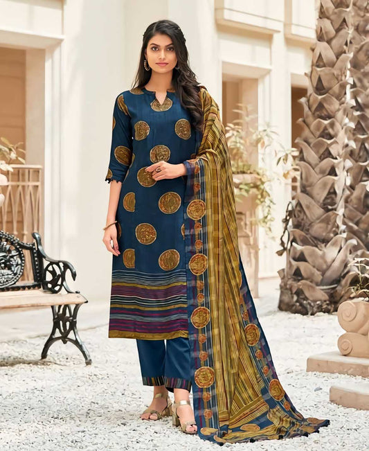 Unstitched Blue Muslin Silk Salwar Kameez Suit Set With Chanderi dupatta