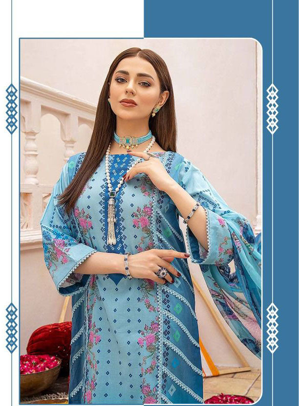 Unstitched Blue Pakistani Style Lawn Cotton Dress Material - Stilento