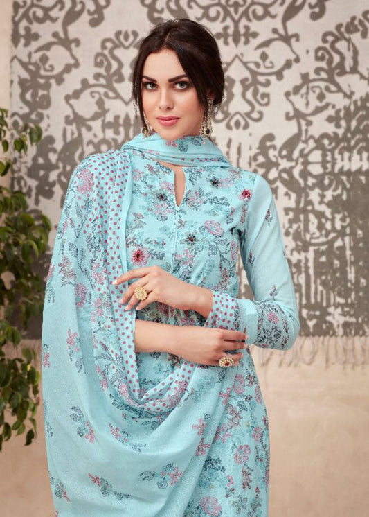 Unstitched Blue Printed Cotton Suits With Kota Work