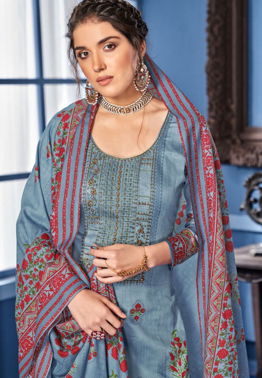 Unstitched Blue Salwar Suit Dress Material With Cotton dupatta