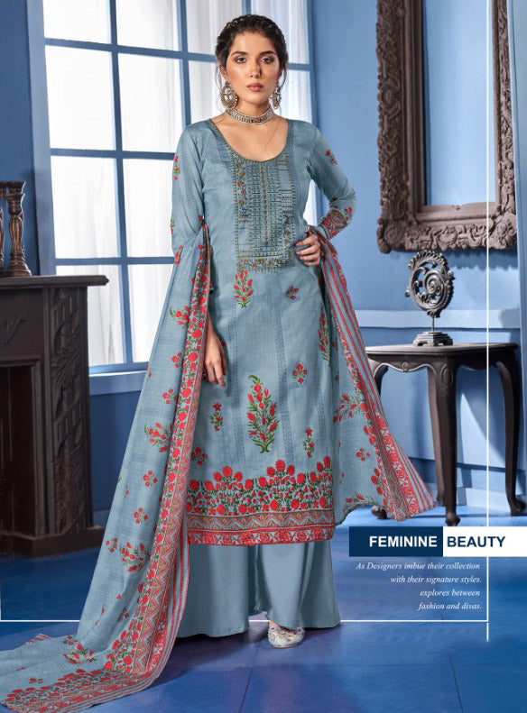 Unstitched Blue Salwar Suit Dress Material With Cotton dupatta - Stilento
