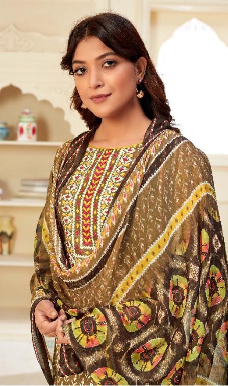 Unstitched Brown Salwar Suits Material with Chiffon Dupatta for Woman - Stilento