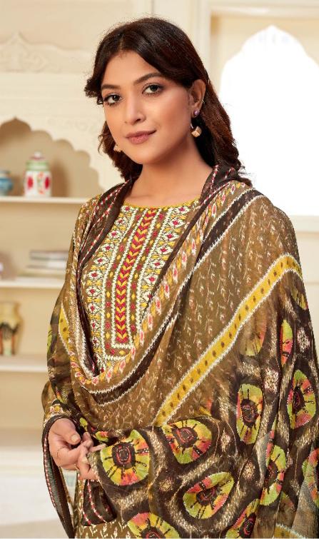 Unstitched Brown Salwar Suits Material with Chiffon Dupatta for Woman