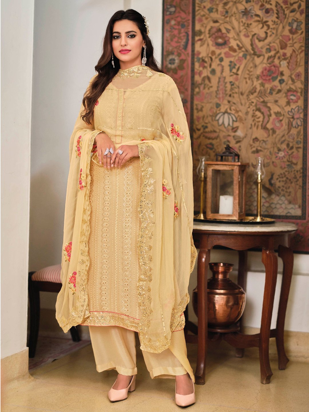 Unstitched Chinon Beige Salwar Suit Set With Heavy Embroidery - Stilento