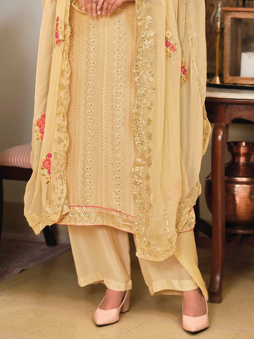 Unstitched Chinon Beige Salwar Suit Set With Heavy Embroidery - Stilento