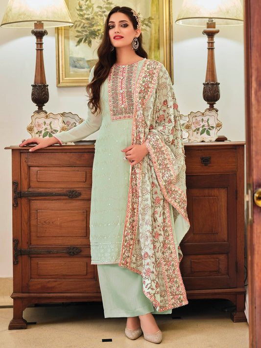 Unstitched Chinon Green Palazzo Suit Set With Embroidery Work