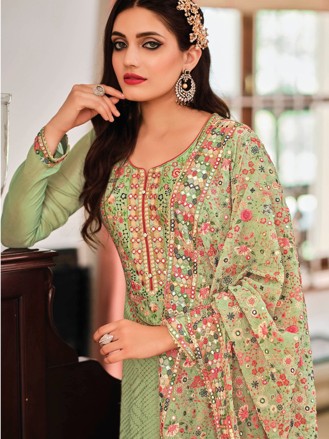 Unstitched Chinon Green Palazzo Suit Set With Embroidery Work - Stilento