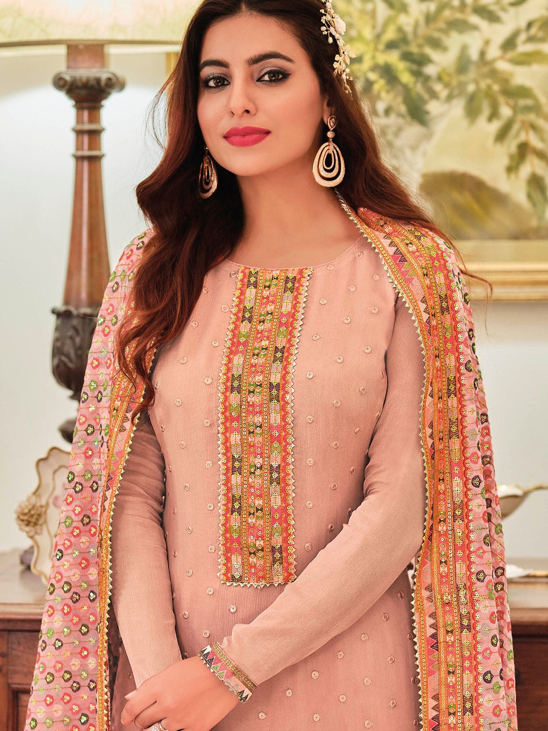Unstitched Chinon Pakistani Salwar Suit Set With Embroidery Work - Stilento