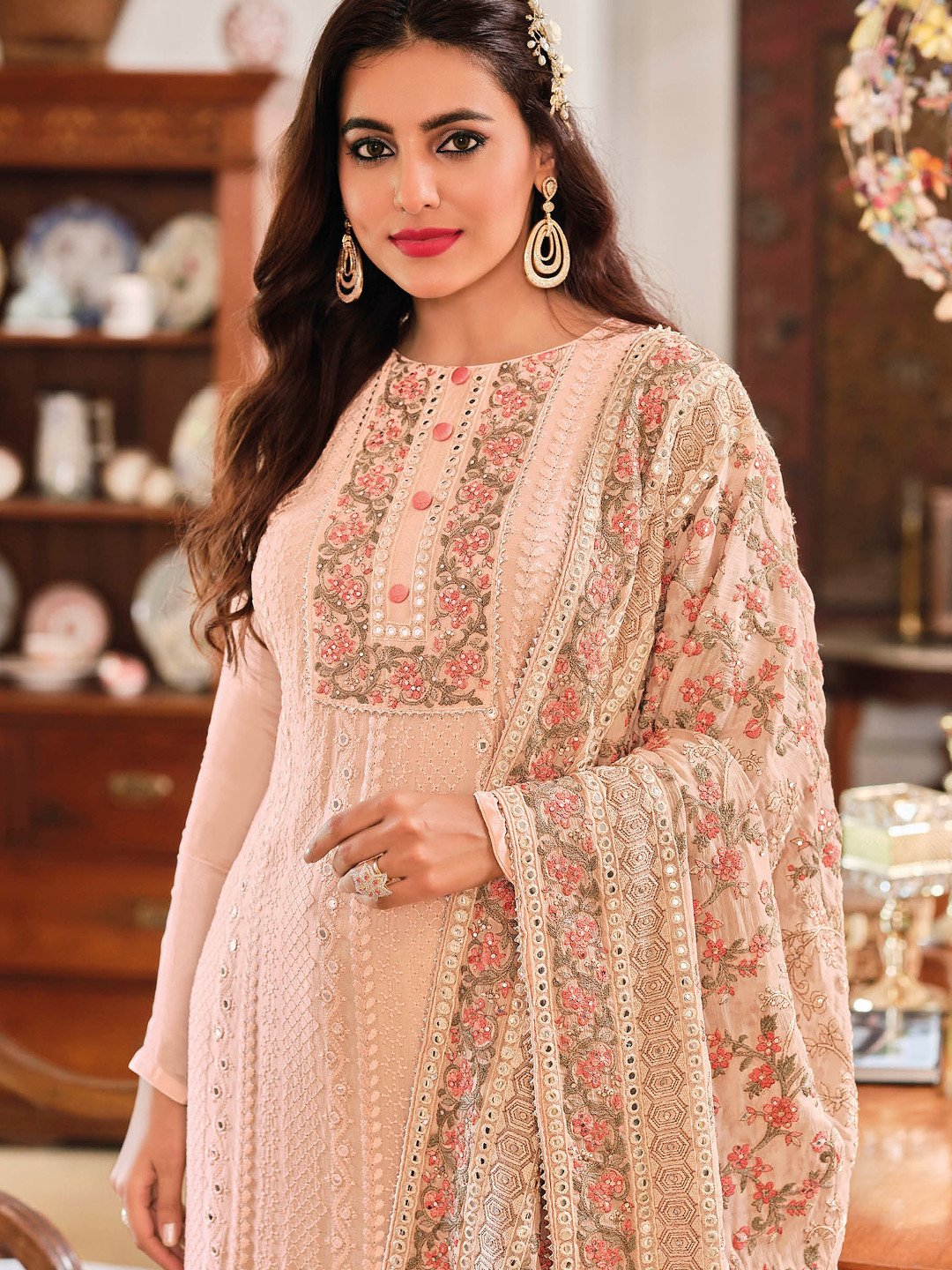 Unstitched Chinon Pink Pakistani Salwar Suit Set With Embroidery Work - Stilento