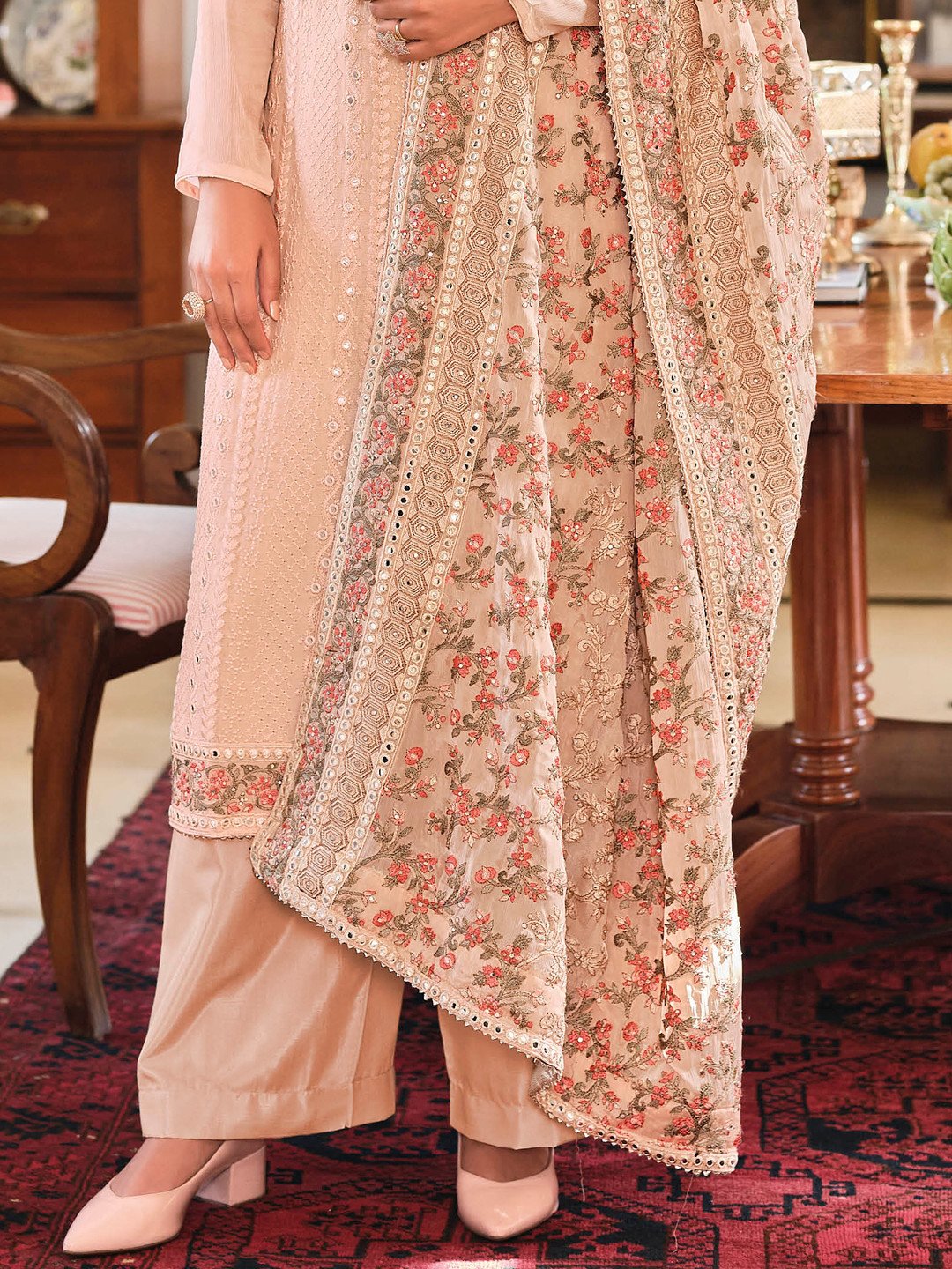 Unstitched Chinon Pink Pakistani Salwar Suit Set With Embroidery Work - Stilento