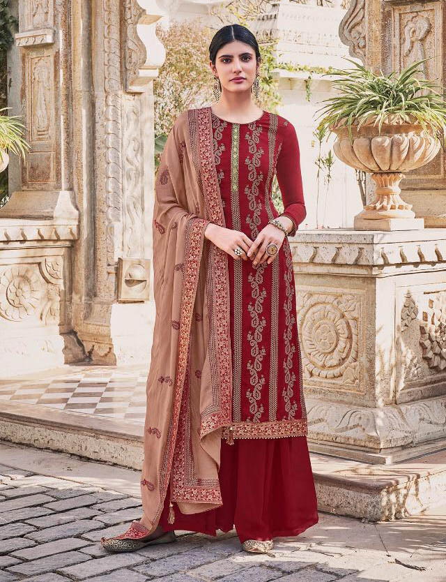 Unstitched Chinon With Heavy Embroidery Work Maroon Salwar Suit Material - Stilento