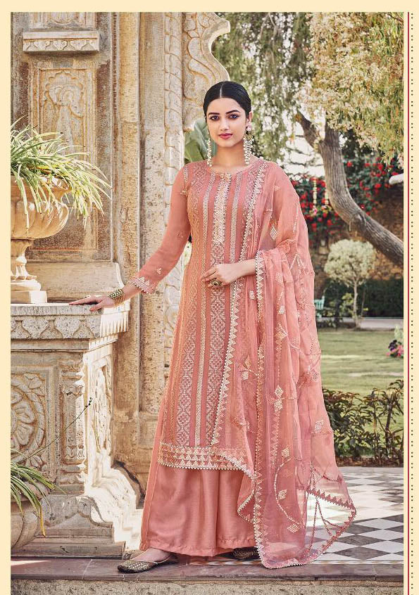 Unstitched Chinon With Heavy Embroidery Work Pink Dress Suit Material - Stilento