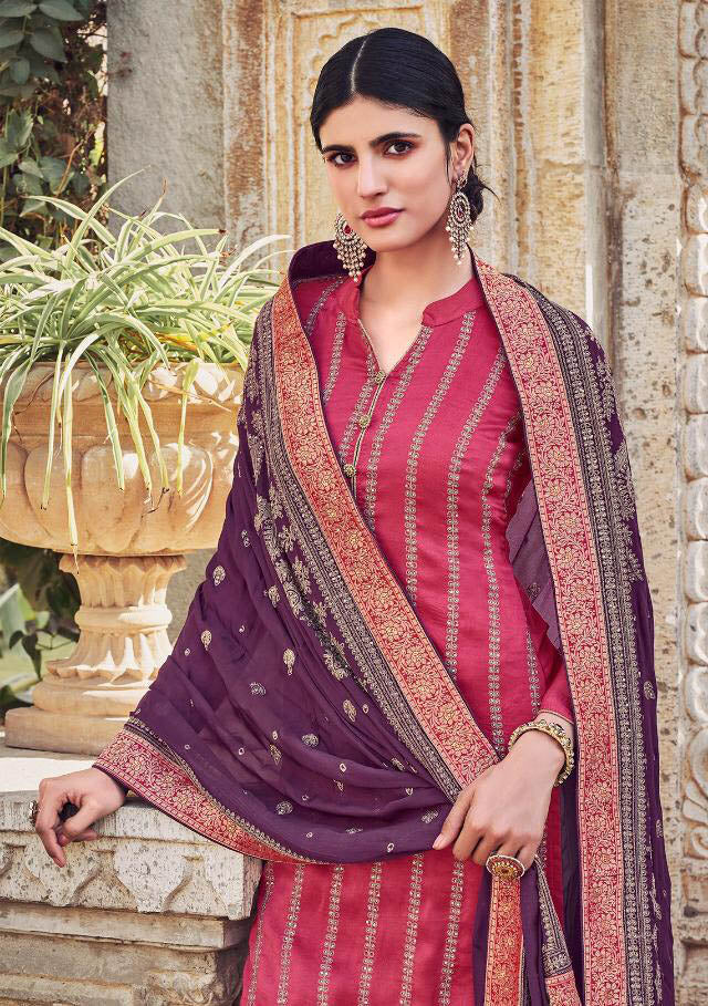 Unstitched Chinon With Heavy Embroidery Work Red Dress Suit Material - Stilento