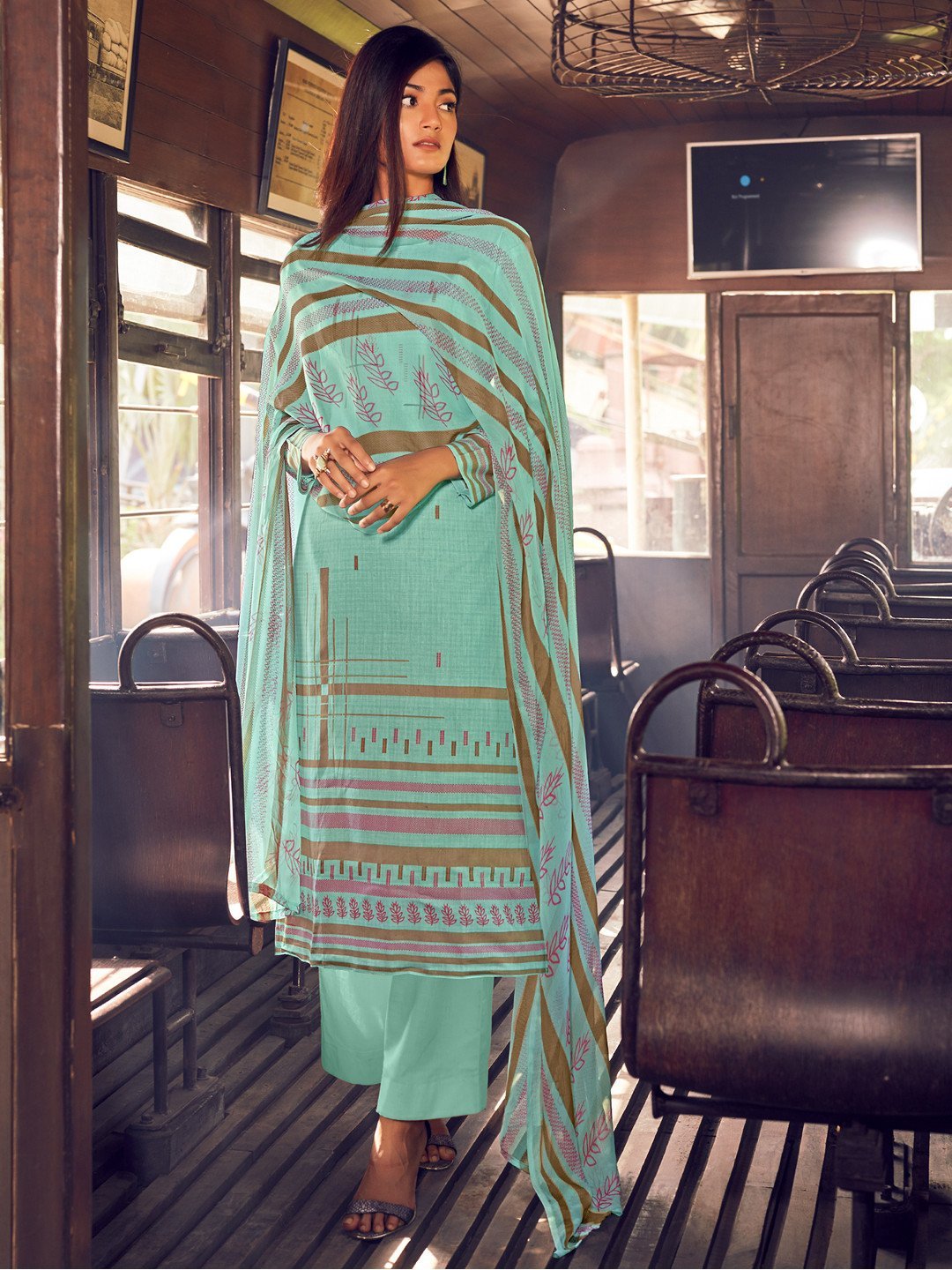 Unstitched Cool Green Cotton Salwar Suit Dress Material - Stilento