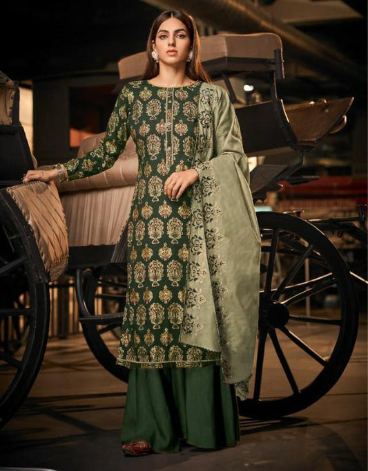 Unstitched Cotton Dark Green Salwar Suit with Dupatta - Stilento