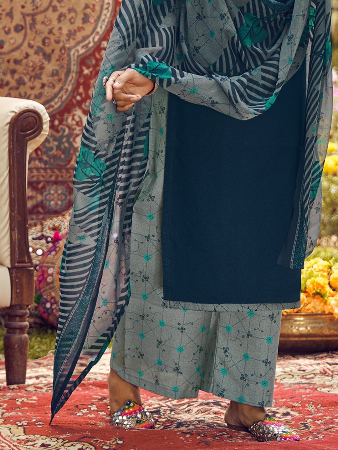 Unstitched Cotton Embroidered Blue Salwar Kameez Suit Set - Stilento