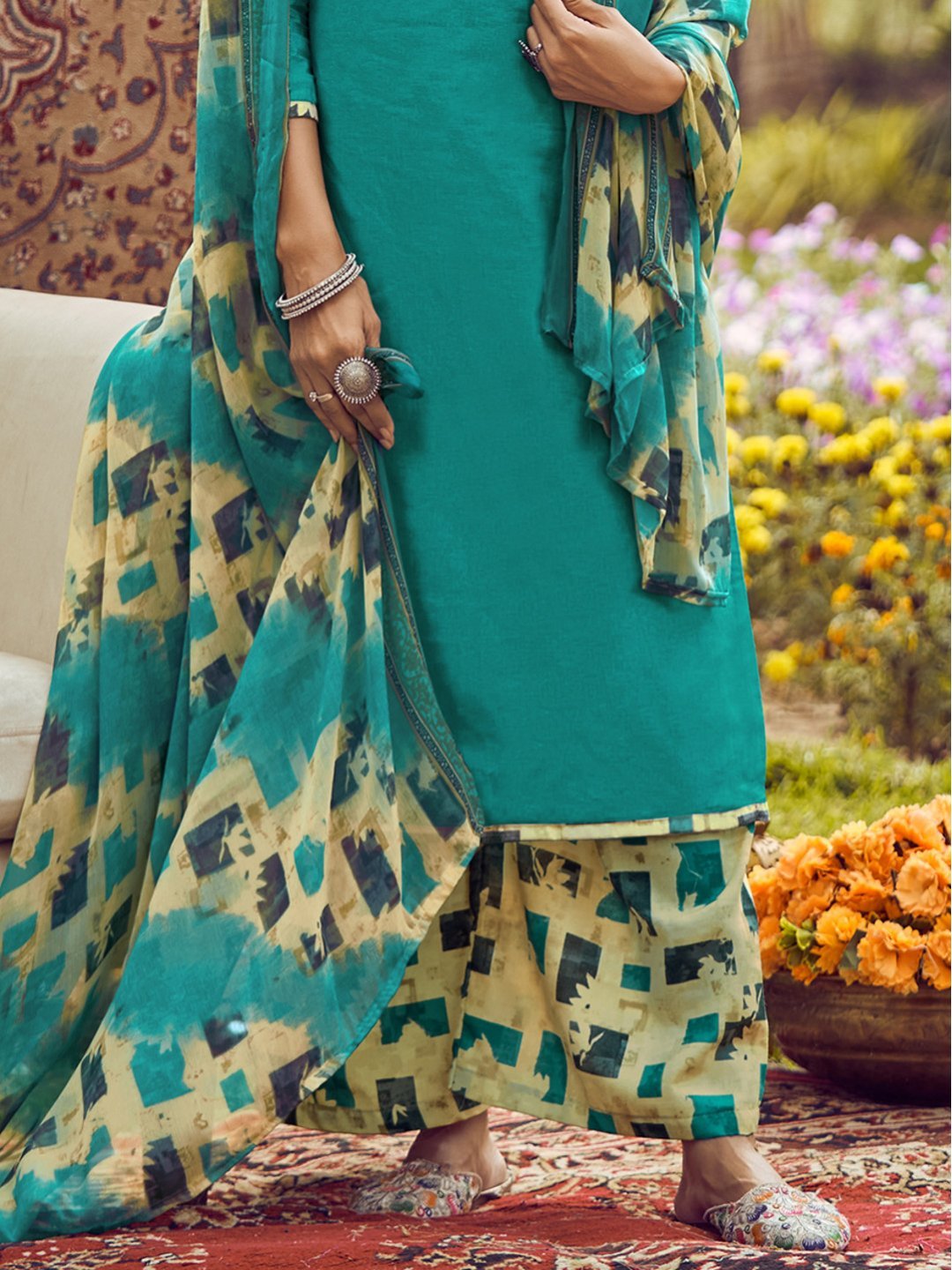 Unstitched Cotton Embroidered Blue Salwar Kameez Suit Set - Stilento